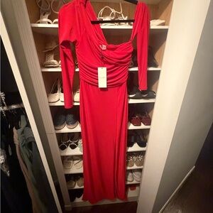 Red Draped Long-Sleeve Maxi Dress by